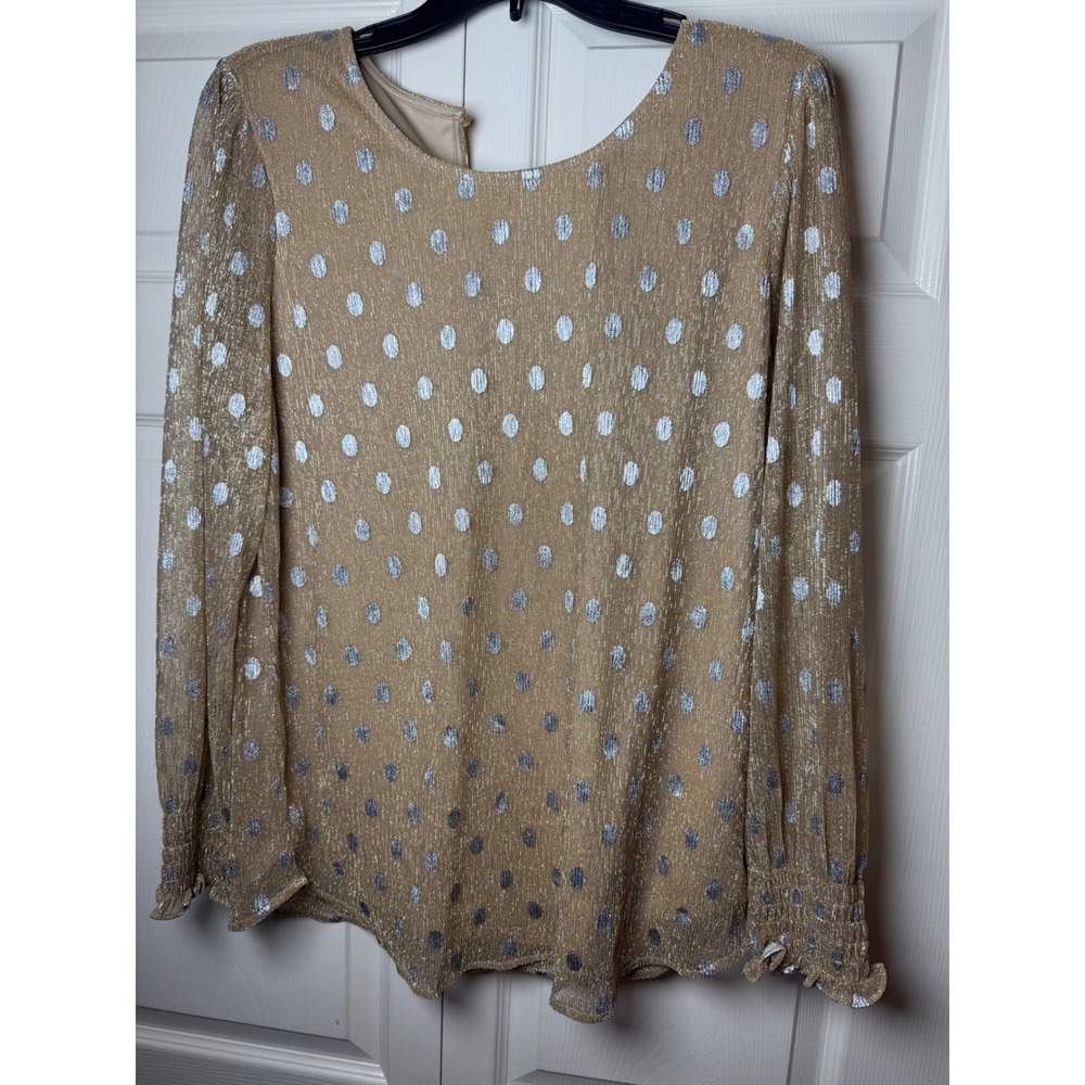 Adrianna Papell Womens Gold Silver Metallic Smocked Cuff Shine Dot Blouse L NEW